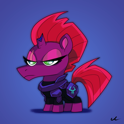 Size: 2625x2625 | Tagged: safe, artist:docwario, character:fizzlepop berrytwist, character:tempest shadow, species:pony, species:unicorn, g4, my little pony: the movie (2017), angery, angry, armor, broken horn, female, horn, mare, simple background, smol, solo, storm king's emblem
