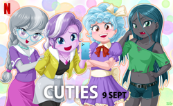 Size: 1400x854 | Tagged: safe, artist:uotapo, edit, character:cozy glow, character:diamond tiara, character:queen chrysalis, character:silver spoon, g4, my little pony:equestria girls, background pony strikes again, belly button, belt, blushing, braided ponytail, caption, cellphone, clothing, compression shorts, cozybetes, cursed image, cute, cute little fangs, cutealis, cuties, denim shorts, diamondbetes, dress, equestria girls-ified, fangs, fbi open up, female, glasses, iphone, jewelry, laughing, legs, looking at you, midriff, mignonnes, necklace, netflix, oh god damn it no, oh god no, open mouth, phone, short shirt, shorts, silverbetes, skirt, thanks i hate it, thighs, tomboy, young, younger