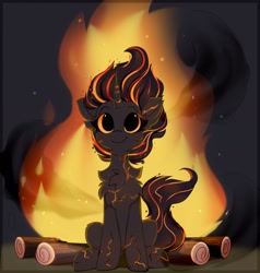 Size: 1508x1584 | Tagged: safe, alternate version, artist:little-sketches, oc, oc only, oc:cinderheart, species:pony, species:unicorn, g4, bonfire, chest fluff, comfy, commission, cute, demi-god, elemental, elemental pony, embers, female, fire, glowing mane, log, looking up, mare, ocbetes, sitting, smiling, smoke, solo