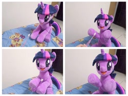 Size: 1280x960 | Tagged: safe, artist:nekokevin, character:twilight sparkle, character:twilight sparkle (unicorn), species:human, species:pony, species:unicorn, g4, female, happy, holding, irl, irl human, looking down, mare, offscreen character, open mouth, photo, plushie, raised hoof, sitting, smiling, solo focus, toothbrush, underhoof, want