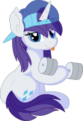 Size: 5471x7982 | Tagged: safe, artist:cyanlightning, character:rarity, species:pony, species:unicorn, g4, .svg available, absurd resolution, backwards ballcap, baseball cap, cap, clothing, dumbbell (object), female, hat, holding, lidded eyes, looking at you, mare, simple background, sitting, solo, tongue out, transparent background, vector