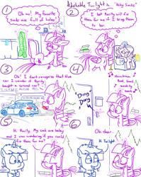 Size: 4779x6013 | Tagged: safe, artist:adorkabletwilightandfriends, character:starlight glimmer, character:twilight sparkle, character:twilight sparkle (alicorn), oc, oc:greg, oc:tim, species:alicorn, species:pony, comic:adorkable twilight and friends, episode:slice of life, g4, my little pony: friendship is magic, adorkable, adorkable twilight, awkward moment, bedroom, blushing, box, butt, car, chips, clothing, couch, cute, door, doorbell, dork, eating, embarrassed, food, grin, holes, house, humor, magic, nervous, nervous grin, plot, semi-grimdark series, shocked, sitting, smiling, socks, striped socks, suggestive series, surprised