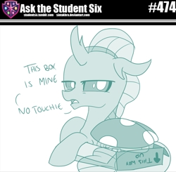 Size: 800x784 | Tagged: safe, artist:sintakhra, character:ocellus, species:changedling, species:changeling, species:reformed changeling, tumblr:studentsix, g4, behaving like a cat, box, cute, dawwww, diaocelles, female, if i fits i sits, looking at you, ocellus is not amused, solo, unamused