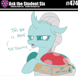 Size: 800x784 | Tagged: safe, artist:sintakhra, edit, editor:background pony #91z0, character:ocellus, species:changedling, species:changeling, species:reformed changeling, tumblr:studentsix, g4, behaving like a cat, box, color edit, colored, cute, dawwww, diaocelles, female, if i fits i sits, looking at you, ocellus is not amused, solo, unamused