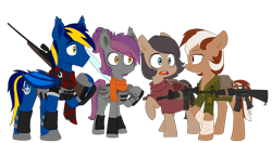 Size: 7200x3793 | Tagged: safe, artist:chub-wub, oc, oc only, oc:anneal, oc:quillwright, oc:roulette, oc:solaris, species:bat pony, species:earth pony, species:pegasus, species:pony, g4, assault rifle, bat pony oc, bat wings, body armor, clothing, female, gun, high res, longsword, m16, male, remington 700, rifle, rimworld, scarf, simple background, sword, transparent background, weapon, wings