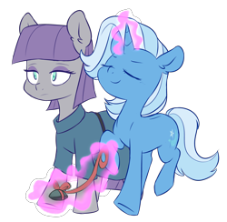Size: 3750x3653 | Tagged: safe, artist:chub-wub, character:boulder, character:maud pie, character:trixie, species:earth pony, species:pony, species:unicorn, ship:mauxie, g4, belt, clothing, collar, dress, eyes closed, eyeshadow, female, glowing horn, horn, leash, lesbian, levitation, magic, makeup, mare, raised hoof, raised leg, shipping, simple background, telekinesis, transparent background