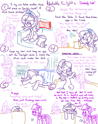 Size: 4779x6013 | Tagged: safe, artist:adorkabletwilightandfriends, character:spike, character:starlight glimmer, character:twilight sparkle, character:twilight sparkle (alicorn), species:alicorn, species:pony, comic:adorkable twilight and friends, episode:slice of life, g4, my little pony: friendship is magic, adorkable, adorkable twilight, allergies, ass up, bag, banana, bed, bedroom, book, butt, comic, couch, cute, dimples, dimples of venus, dork, egg, eggshell, fail, food, friendship, glimmer glutes, humor, lying down, magic, nostril flare, nostrils, plot, prank, prank fail, scheming, semi-grimdark series, sitting, sniffing, sniffling, stink bomb, suggestive series, tail
