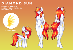 Size: 4766x3291 | Tagged: safe, artist:scarlet-spectrum, oc, oc only, oc:diamond sun, species:anthro, species:pegasus, species:pony, g4, belly button, commission, cutie mark, female, hand on hip, mare, reference sheet, solo, wings