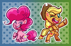 Size: 1050x678 | Tagged: safe, artist:binkyt11, character:applejack, character:pinkie pie, species:earth pony, species:pony, g4, my little pony:pony life, applejack's hat, clothing, cowboy hat, cute, duo, female, gradient background, hat, laughing, mare, polka dot background, rearing, unshorn fetlocks