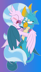 Size: 2160x3840 | Tagged: safe, artist:sintakhra, character:gallus, character:silverstream, species:classical hippogriff, species:griffon, species:hippogriff, ship:gallstream, tumblr:studentsix, g4, blushing, female, gallus is not amused, hug, male, shipping, straight, unamused, winghug