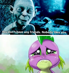 Size: 1199x1264 | Tagged: safe, artist:kp-shadowsquirrel, edit, character:spike, g4, abuse, crying, funny, go to sleep garble, gollum, gollum is being honest, i can't believe it's not useraccount, lip bite, lord of the rings, op is a duck, op is trying to start shit, sad, shitposting, spikeabuse, spikeposting, teary eyes, truth