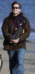 Size: 470x1000 | Tagged: safe, artist:lazerblues, edit, oc, oc:deep rest, species:dog, species:earth pony, species:human, species:pony, g4, beach, blushing, carrying, clothing, cute, embarrassed, eyes closed, floppy ears, grin, holding a pony, irl, irl human, jacket, jeans, male, ocbetes, pants, photo, smiling, stallion, sunglasses
