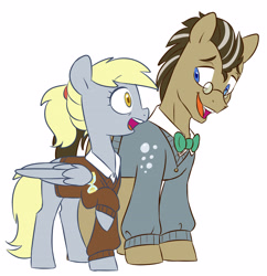 Size: 3738x3865 | Tagged: safe, artist:chub-wub, character:derpy hooves, character:doctor whooves, character:time turner, species:earth pony, species:pegasus, species:pony, ship:doctorderpy, g4, alternate hairstyle, bow tie, clothing, duo, female, glasses, male, older, older derpy hooves, open mouth, raised hoof, shipping, shirt, simple background, straight, sweater, sweater vest, vest, white background