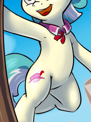 Size: 573x760 | Tagged: safe, artist:kp-shadowsquirrel, edit, character:coco pommel, species:earth pony, species:pony, g4, belly, bipedal, cropped, featureless crotch, open mouth, pictures of bellies, smiling, solo
