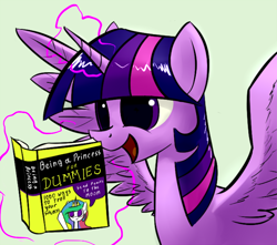 Size: 900x794 | Tagged: safe, artist:underpable, character:princess celestia, character:twilight sparkle, character:twilight sparkle (alicorn), species:alicorn, species:pony, adorkable, book, cute, dilated pupils, dork, female, for dummies, magic, mare, open mouth, reading, silly, simple background, smiling, solo, spread wings, telekinesis, to the moon, trollestia, twiabetes, underpable is trying to murder us, wings