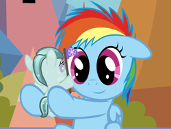 Size: 4800x3600 | Tagged: safe, artist:beavernator, character:glass slipper, character:rainbow dash, species:crystal pony, species:pony, baby, baby pony, cute, filly, flag, floppy ears, foal, hoof hold, random child, smiling