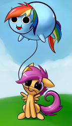 Size: 1039x1818 | Tagged: safe, artist:underpable, character:rainbow dash, character:scootaloo, species:pegasus, species:pony, balloon, mouth hold, poo brain, string, tongue out