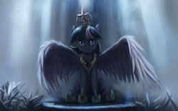 Size: 1340x834 | Tagged: safe, artist:grissaecrim, character:twilight sparkle, character:twilight sparkle (alicorn), species:alicorn, species:pony, crepuscular rays, dark, female, looking at you, mare, princess shoes, realistic, sitting, slit eyes, solo, spread wings, tyrant sparkle, wallpaper, wings