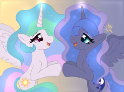 Size: 1350x1000 | Tagged: safe, artist:joakaha, character:princess celestia, character:princess luna, species:alicorn, species:pony, female, glowing horn, horn, looking at each other, mare, profile, signature
