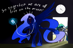 Size: 1748x1155 | Tagged: safe, artist:underpable, character:princess celestia, character:princess luna, angry, cranky, glaze, ipod, lost on the moon, singing, sleepy, song reference