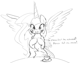 Size: 1046x854 | Tagged: safe, artist:zev, character:princess celestia, belly button, blushing, cup, cute, cutelestia, drink, female, grayscale, monochrome, solo, tea