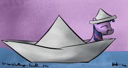 Size: 1280x688 | Tagged: safe, artist:neko-me, character:twilight sparkle, 30 minute art challenge, clothing, eyes closed, female, filly, filly twilight sparkle, hat, paper boat, paper hat, solo, water, younger