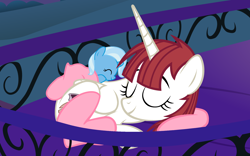 Size: 4000x2500 | Tagged: safe, artist:beavernator, character:trixie, oc, oc:fausticorn, species:pony, baby, baby pony, balcony, clothing, cute, diatrixes, eyes closed, faustabetes, filly, foal, lauren faust, ponified, prone, sleeping, smiling, socks