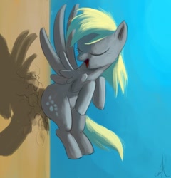 Size: 679x706 | Tagged: safe, artist:grissaecrim, character:derpy hooves, species:pegasus, species:pony, episode:the last roundup, g4, my little pony: friendship is magic, butt bump, eyes closed, female, flying, iron plot, mare, open mouth, scene interpretation, solo