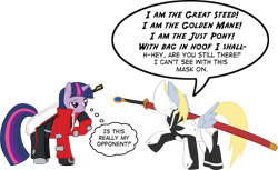 Size: 1097x670 | Tagged: safe, artist:jake heritagu, character:derpy hooves, character:twilight sparkle, species:pegasus, species:pony, blazblue, crossover, female, hakumen, mare, ragna the bloodedge