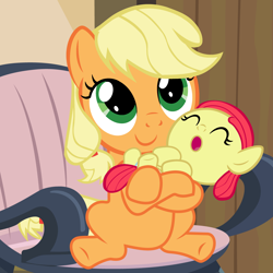 Size: 5760x5760 | Tagged: safe, artist:beavernator, character:apple bloom, character:applejack, species:pony, absurd resolution, adorabloom, baby, baby apple bloom, baby pony, cute, female, filly, filly applejack, foal, holding a pony, jackabetes, sisters, smiling, vector, younger