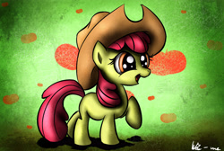 Size: 4491x3015 | Tagged: safe, artist:neko-me, character:apple bloom, species:earth pony, species:pony, abstract background, absurd resolution, adorabloom, applejack's hat, clothing, cowboy hat, cute, female, filly, hat, solo, stetson