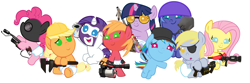 Size: 4800x1600 | Tagged: safe, artist:beavernator, character:applejack, character:big mcintosh, character:derpy hooves, character:fluttershy, character:pinkie pie, character:princess luna, character:rainbow dash, character:rarity, character:twilight sparkle, species:pony, babity, baby, baby dash, baby macintosh, baby pie, baby pony, babyjack, babylight sparkle, babyshy, crossover, demoderp, demoman, diaper, engiejack, engineer, fluttermedic, foal, heavy mac, heavy weapons guy, medic, pinkie pyro, pyro, rainbow scout, rarispy, scout, sniper, soldier, soldier luna, spy, team fortress 2, twilight sniper