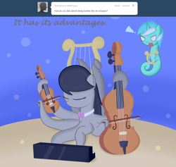 Size: 1100x1042 | Tagged: dead source, safe, artist:erthilo, character:lyra heartstrings, character:octavia melody, species:pony, species:sea pony, ask octavia, adobe fireworks, cello, clothing, duo, duo female, exclamation point, eyes closed, female, glare, lyre, monster pony, musical instrument, octaviapus, octopony, octopus, open mouth, original species, piano, race swap, seapony lyra, shoo be doo, species swap, tumblr, underwear, violin