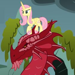 Size: 4800x4800 | Tagged: safe, artist:beavernator, character:basil, character:fluttershy, species:alicorn, species:dragon, species:pony, absurd resolution, alicornified, chromatic dragon, dungeons and dragons, duo, female, fluttercorn, hoof shoes, mare, race swap, red dragon, standing on head