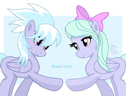 Size: 1450x1100 | Tagged: safe, artist:joakaha, character:cloudchaser, character:flitter, species:pegasus, species:pony, abstract background, duo, duo female, female, mare, raised hoof, signature, smiling, standing