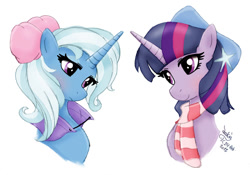 Size: 2000x1400 | Tagged: safe, artist:joakaha, character:trixie, character:twilight sparkle, ship:twixie, clothing, female, lesbian, scarf, shipping