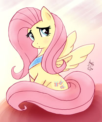 Size: 1000x1200 | Tagged: safe, artist:joakaha, character:fluttershy, species:pegasus, species:pony, blushing, female, looking at you, mare, sitting, solo, spread wings, three quarter view, wings
