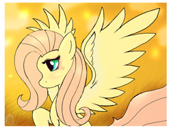 Size: 1200x900 | Tagged: safe, artist:joakaha, character:fluttershy, species:pegasus, species:pony, bust, female, looking away, mare, no mouth, profile, raised hoof, solo, spread wings, wings