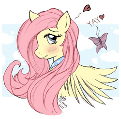 Size: 820x800 | Tagged: safe, artist:joakaha, character:fluttershy, species:pegasus, species:pony, blushing, bust, butterfly, female, heart, looking sideways, mare, portrait, profile, simple background, smiling, solo, white background, wings, yay