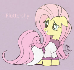 Size: 850x800 | Tagged: safe, artist:joakaha, character:fluttershy, species:pegasus, species:pony, bathrobe, clothing, female, floppy ears, head turn, mare, name, robe, smiling, solo, standing, three quarter view