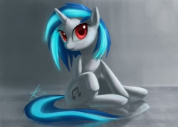 Size: 1208x863 | Tagged: safe, artist:grissaecrim, character:dj pon-3, character:vinyl scratch, species:pony, species:unicorn, female, glowing mane, looking at you, mare, photoshop, red eyes, sitting, solo