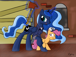 Size: 2592x1936 | Tagged: safe, artist:thebrokencog, character:princess luna, character:scootaloo, species:pegasus, species:pony, gamer luna, axe, parody, the walking dead