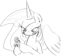 Size: 778x722 | Tagged: safe, artist:zev, character:princess celestia, blushing, butterfly, crying, grayscale, monochrome, smiling