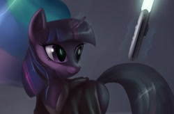 Size: 1168x768 | Tagged: dead source, safe, artist:grissaecrim, character:princess celestia, character:twilight sparkle, species:alicorn, species:pony, species:unicorn, g4, clothing, cropped, crossover, female, lightsaber, magic, mare, photoshop, robe, solo focus, star wars, weapon