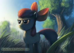 Size: 700x500 | Tagged: dead source, safe, artist:grissaecrim, character:apple bloom, species:earth pony, species:pony, female, filly, grass, photoshop, serious face, solo, tree