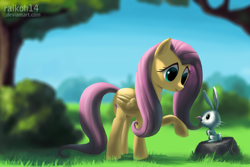Size: 1080x720 | Tagged: safe, artist:grissaecrim, character:angel bunny, character:fluttershy, species:pegasus, species:pony, eye contact, female, grass, looking at each other, mare, raised hoof, rock