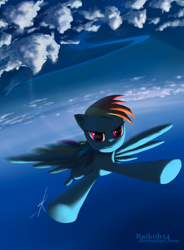 Size: 900x1220 | Tagged: safe, artist:grissaecrim, character:rainbow dash, species:pegasus, species:pony, g4, cloud, cloudy, female, flying, mare, sky, solo