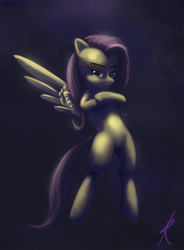 Size: 636x865 | Tagged: dead source, safe, artist:grissaecrim, character:fluttershy, species:pegasus, species:pony, g4, bipedal, crossed hooves, discorded, female, flutterbitch, flying, mare, photoshop, solo