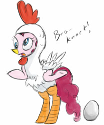 Size: 478x571 | Tagged: dead source, safe, artist:grissaecrim, character:pinkie pie, species:chicken, species:earth pony, species:pony, g4, animal costume, bipedal, chicken pie, chicken suit, clothing, costume, egg, female, mare, nightmare night, photoshop, simple background, solo, white background