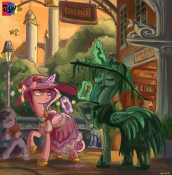 Size: 2014x2044 | Tagged: safe, artist:jowyb, character:octavia melody, character:princess cadance, character:queen chrysalis, species:pony, bipedal, canterlot, clothing, dress, drink, eyes closed, frown, glare, glass, hat, hoof hold, levitation, magic, open mouth, raised hoof, smiling, telekinesis, violin, wine glass